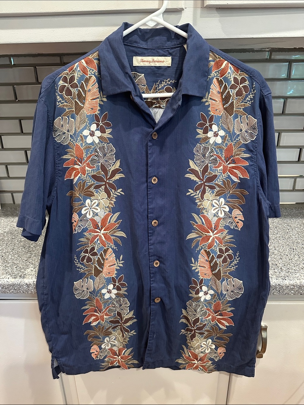 Tommy Bahama Navy Short-Sleeve Floral-Embroidered Button Down